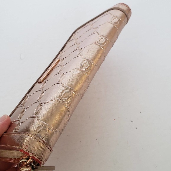 BEBE Rose Gold Signature Zip Around Clutch Wallet Continental Large Long Metalic - Picture 5 of 9